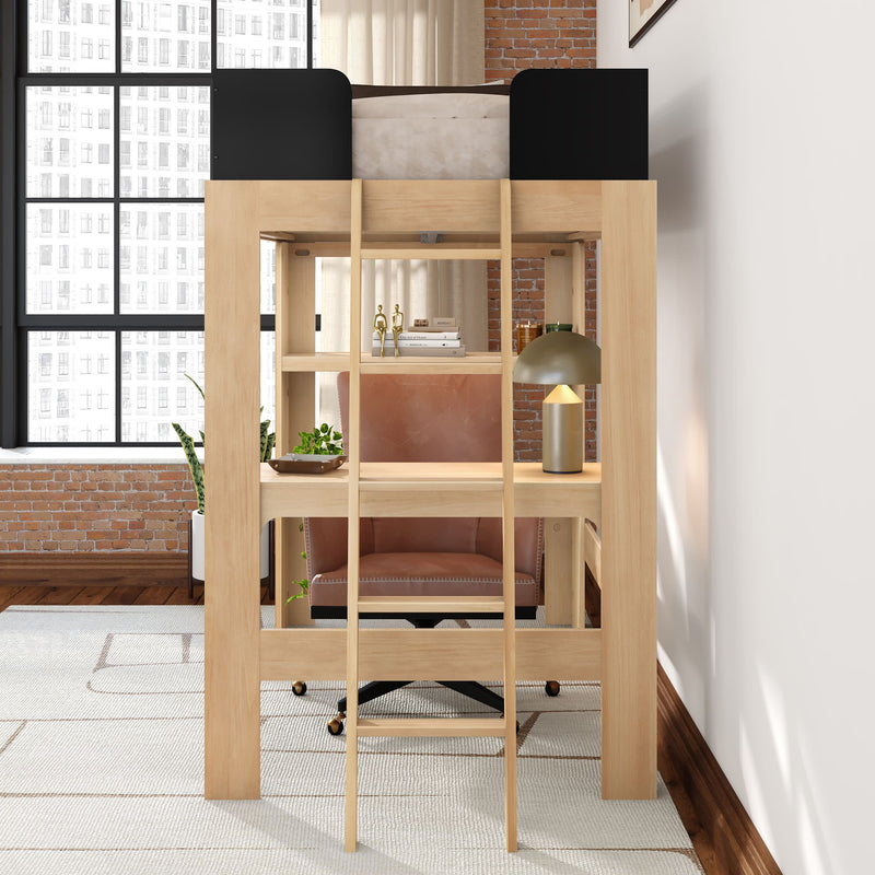 Wooden loft bed with built-in desk and ladder in modern loft apartment; compact home office with leather swivel chair, brass desk lamp, potted plants and exposed brick wall by large industrial window