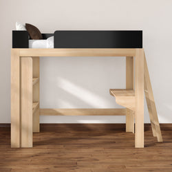 Modern natural wood loft bed with black guardrail, ladder, built-in shelves and desk — space-saving children's or teen study loft bed