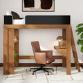 Modern wooden loft bed with built-in desk, leather swivel chair, ladder, bookshelf and desk lamp in a space-saving home office study nook with indoor plant