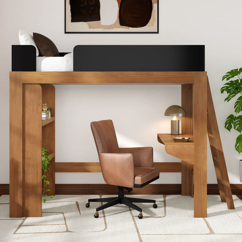 Modern wooden loft bed with built-in desk, leather swivel chair, ladder, bookshelf and desk lamp in a space-saving home office study nook with indoor plant
