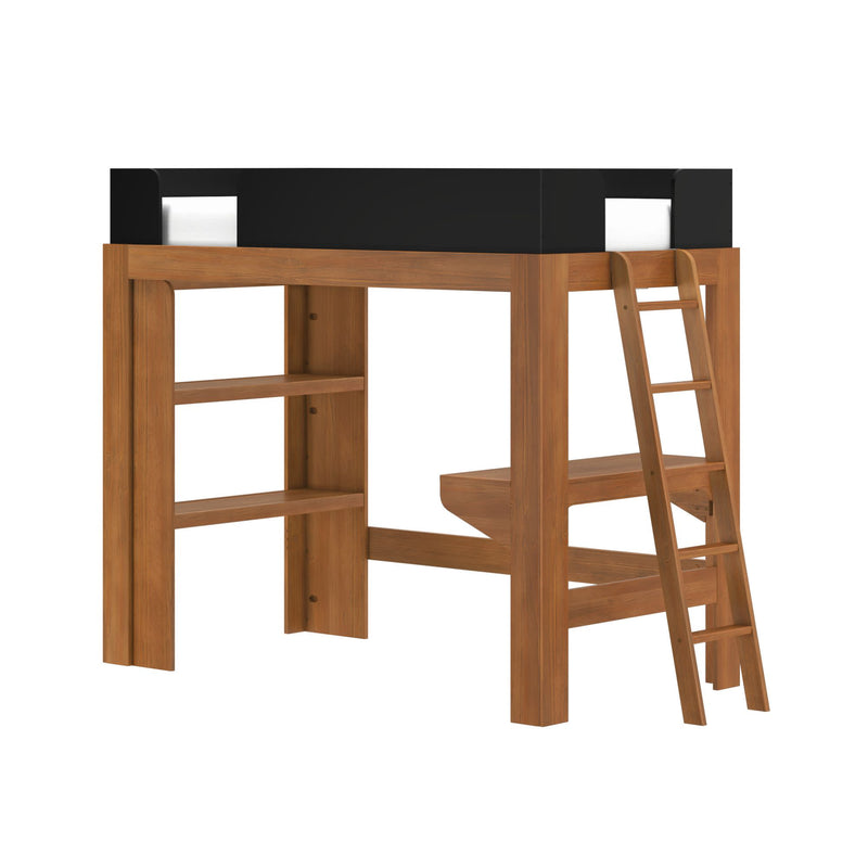 Solid wood twin loft bed with black guardrail, integrated ladder and open shelving — space-saving modern children's loft bed and study area