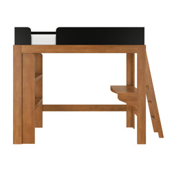 Solid oak twin loft bed with black guardrail, integrated ladder, built-in shelves and desk — space-saving kids bedroom furniture