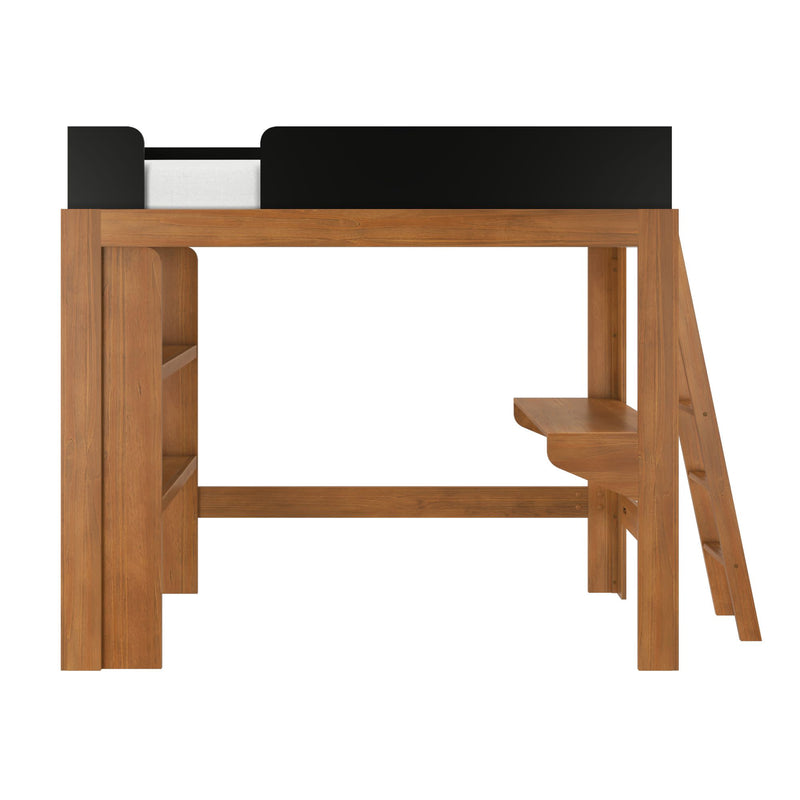 Solid oak twin loft bed with black guardrail, integrated ladder, built-in shelves and desk — space-saving kids bedroom furniture
