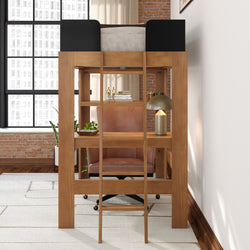 Wooden loft bed with built-in desk and shelving, leather office chair, brass desk lamp and plants in an industrial loft apartment with exposed brick wall and large grid window