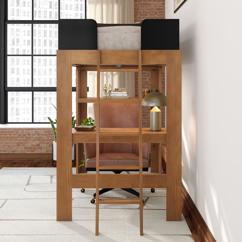Wooden loft bed with built-in desk and shelving, leather office chair, brass desk lamp and plants in an industrial loft apartment with exposed brick wall and large grid window