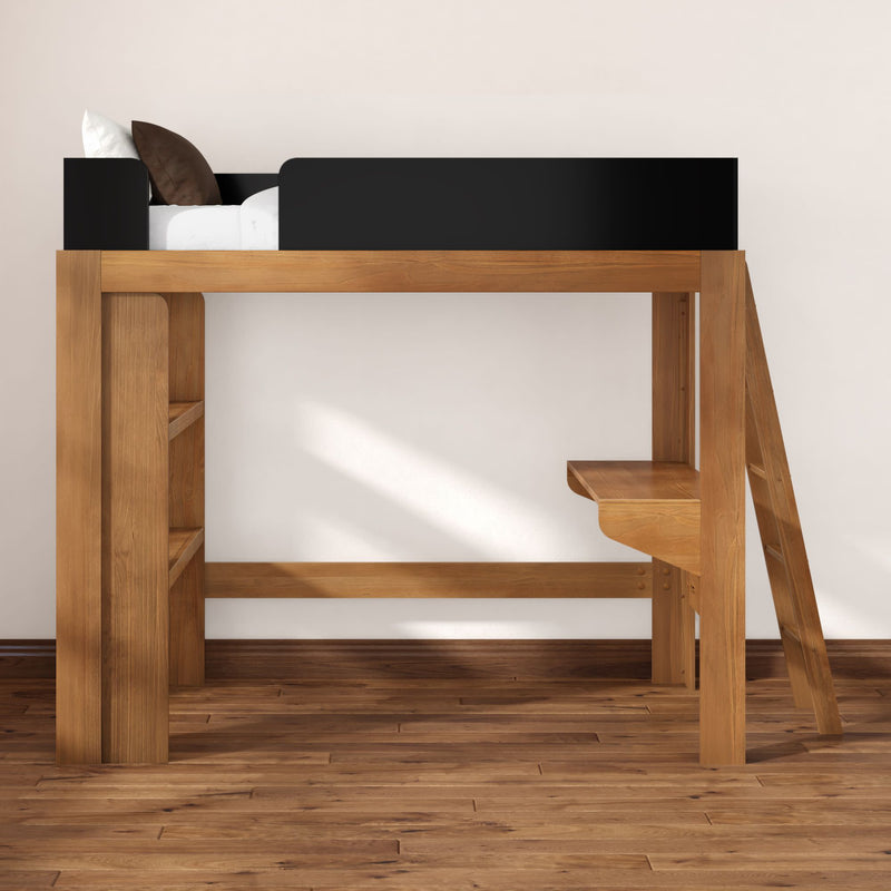 Natural wood loft bed with ladder and built-in desk, black safety rail and white bedding on hardwood floor in minimalist bedroom