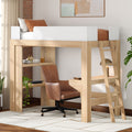 Space-saving light wood loft bed with built-in desk and ladder, brown leather swivel chair, shelving and lamp in modern home office study nook