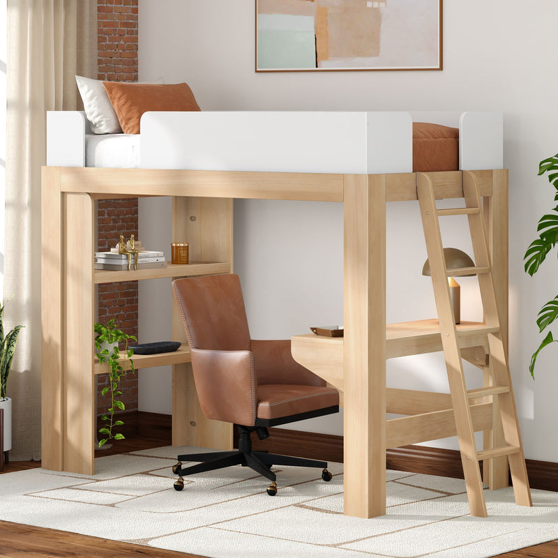 Space-saving light wood loft bed with built-in desk and ladder, brown leather swivel chair, shelving and lamp in modern home office study nook