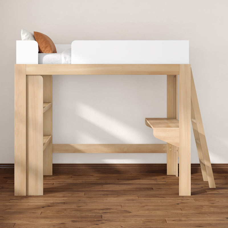 Minimalist natural wood loft bed with ladder and built-in desk and shelves, white bedding on hardwood floor