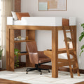 Modern space-saving wooden loft bed with built-in desk, ladder and shelving, leather swivel chair, lamp and decorative plants in a stylish bedroom workspace.