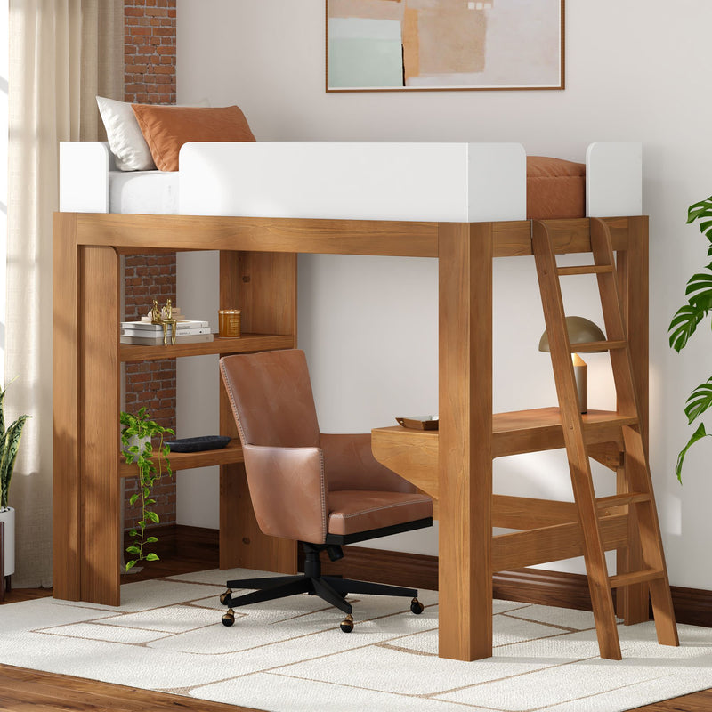 Modern space-saving wooden loft bed with built-in desk, ladder and shelving, leather swivel chair, lamp and decorative plants in a stylish bedroom workspace.