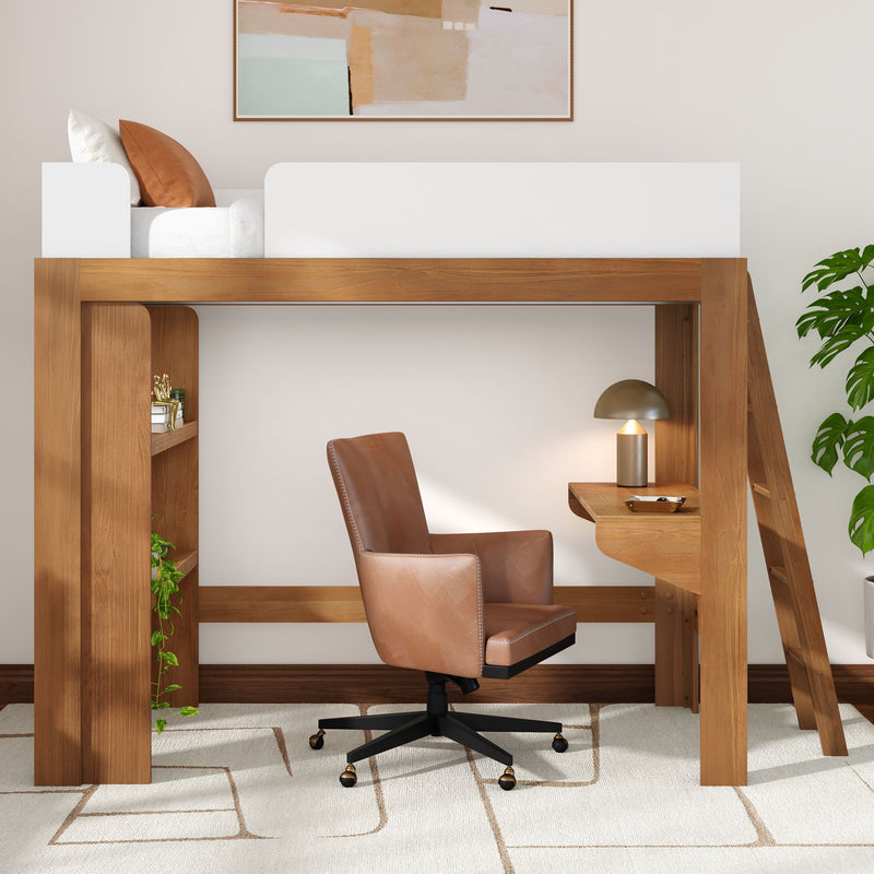 Wooden loft bed with built-in desk and ladder, brown leather swivel office chair on casters, desk lamp, potted plant and abstract wall art in modern minimalist home office
