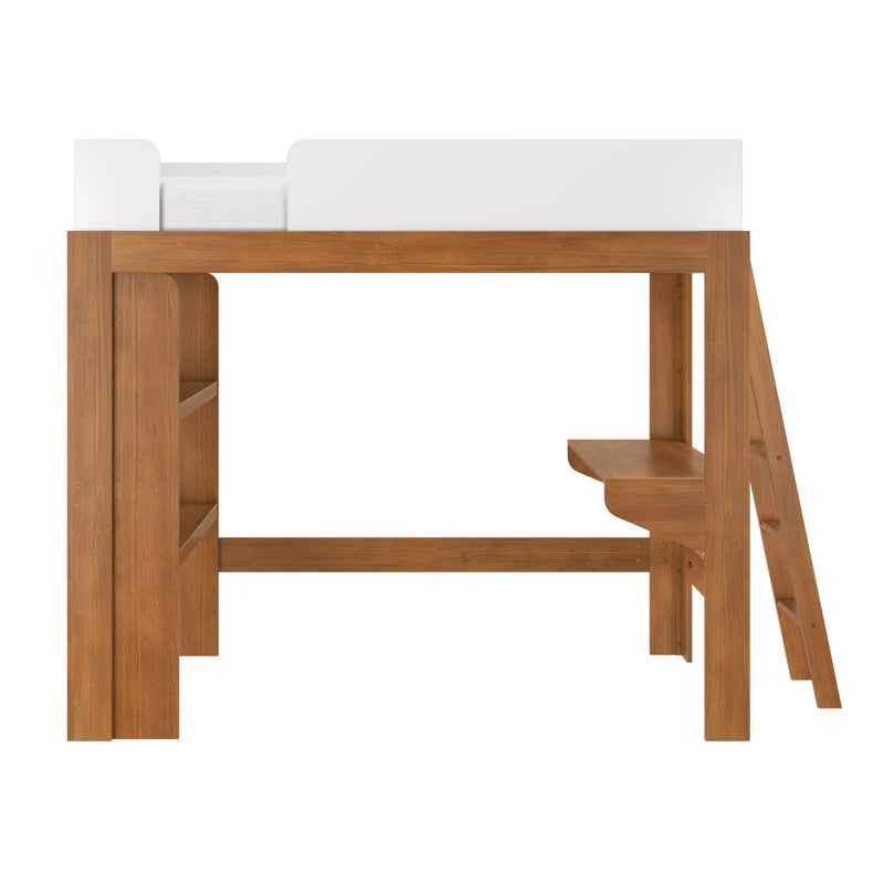 Natural wood twin loft bed with white safety rail, angled ladder, built-in shelves and under-bed desk — space-saving kids' bedroom furniture