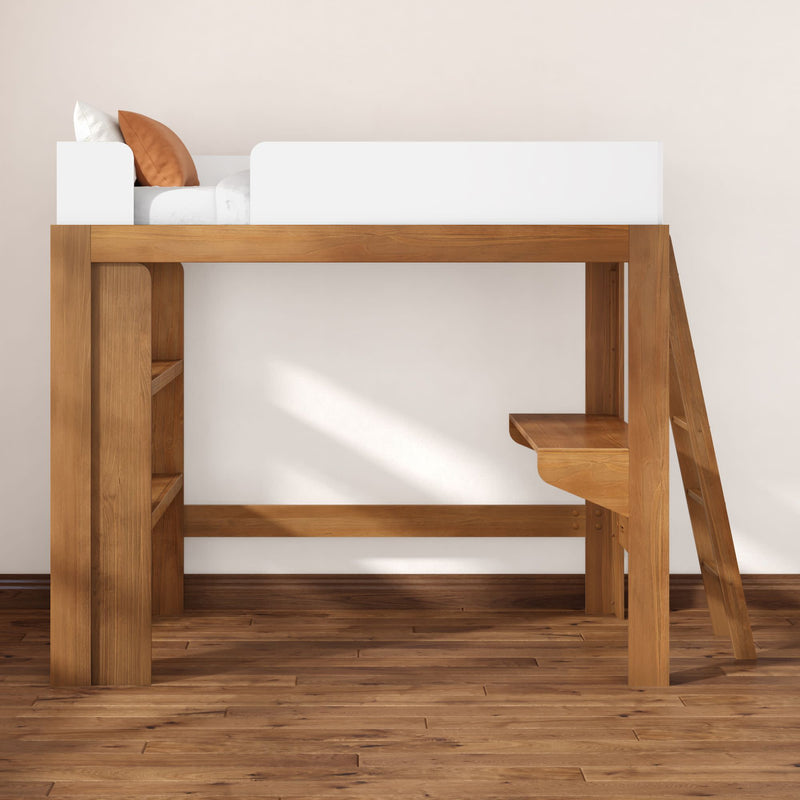 Natural wood loft bed with ladder, built-in desk and shelves, white guardrail, modern minimalist bedroom