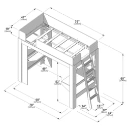 Technical drawing of a wooden loft bed with ladder, twin loft bed dimensions diagram showing detailed measurements in inches and centimeters for assembly and room planning