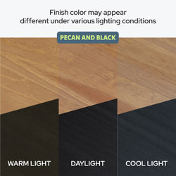 Pecan and black wood tabletop finish showing wood grain and color variations under warm light, daylight, and cool light to illustrate how finish color may appear different under various lighting conditions