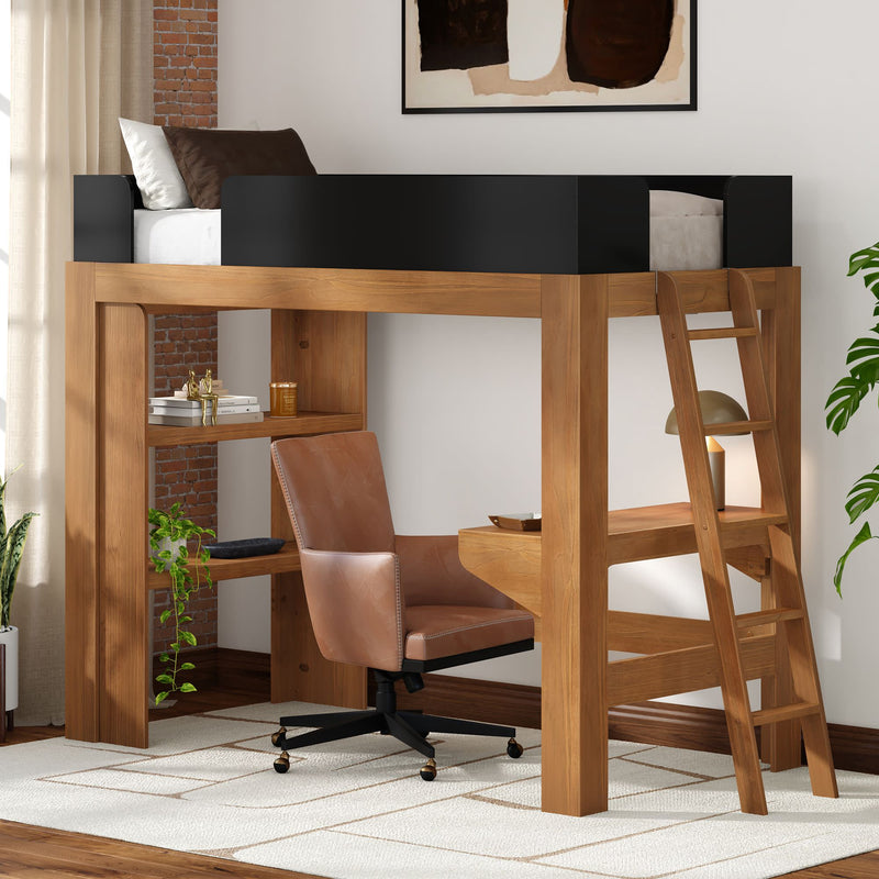 Wooden loft bed with built-in desk and shelves, ladder, black guardrails and brown leather swivel chair — space-saving bedroom office