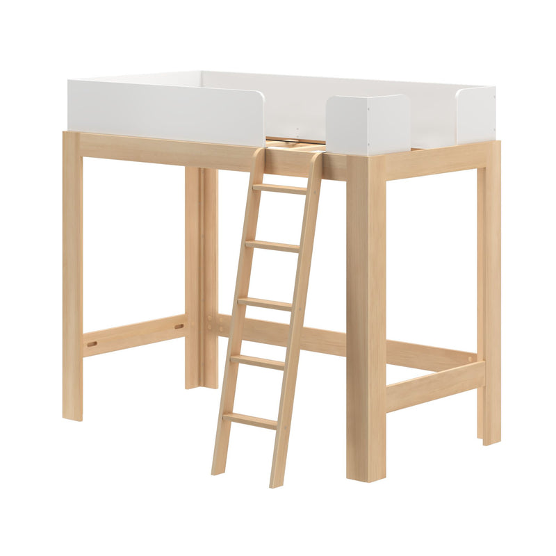 Natural wood loft bed with ladder and white guard rails — space-saving kids high-sleeper bed, minimalist design