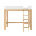 Modern natural wood loft bed with ladder and white guardrail — space-saving minimalist elevated bed ideal for kids’ and small bedrooms