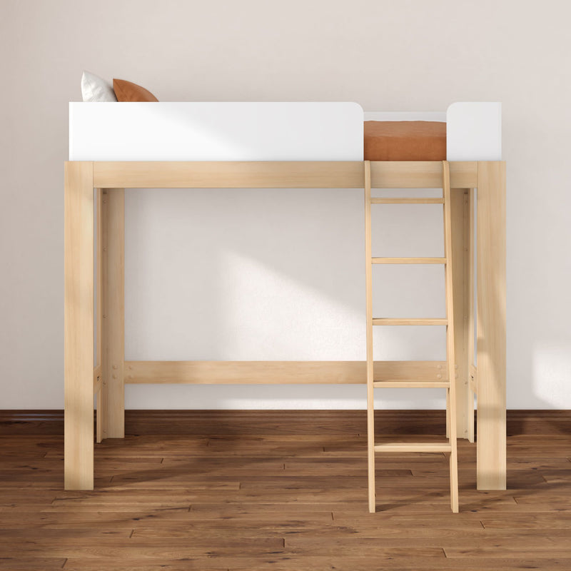 Natural wood loft bed with ladder and white guardrail, space‑saving modern loft bed for minimalist bedroom with open space underneath