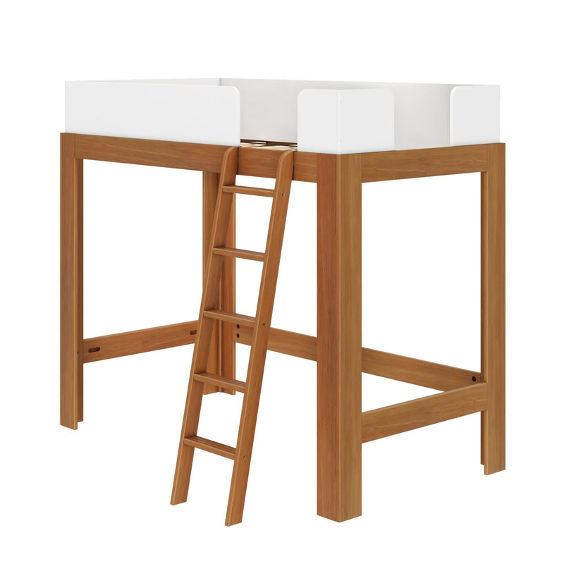 Wooden loft bed with white guardrails and ladder for kids' bedroom.