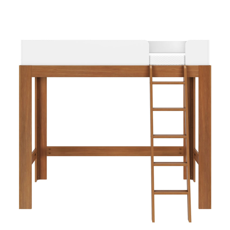 Wooden loft bed with ladder and white upper panel for kids' room.