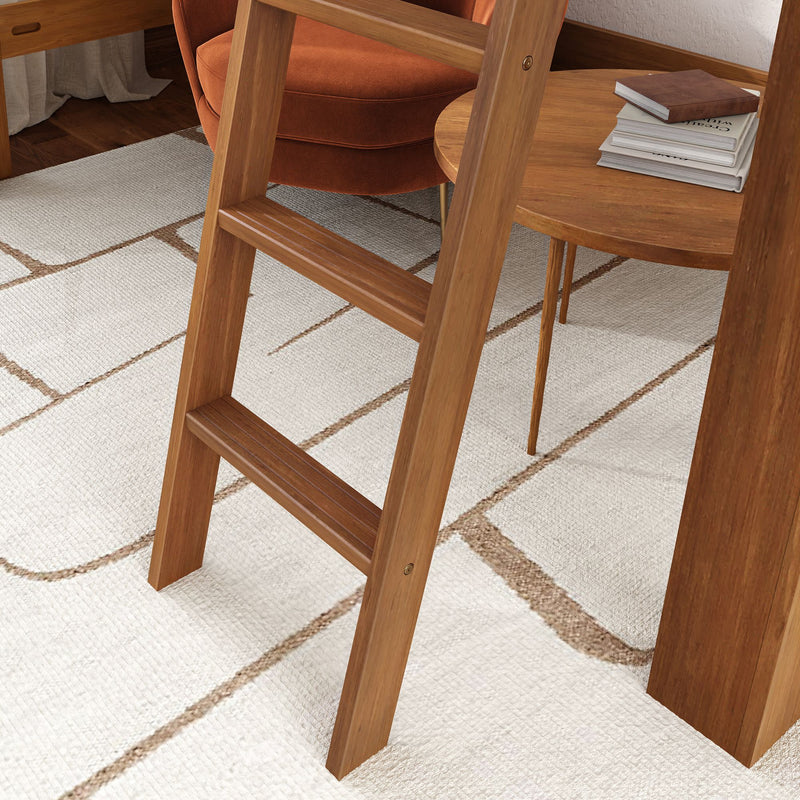 Mid-century modern interior with wooden ladder steps beside an orange upholstered chair and round wood side table on a neutral geometric rug.