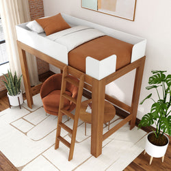 Loft bed with natural wood frame, cozy brown bedding, and integrated ladder in modern apartment setting.