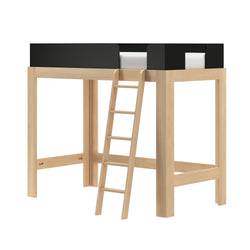 Natural wood loft bed with ladder and black safety guardrails, space-saving raised single bed frame for kids and teens