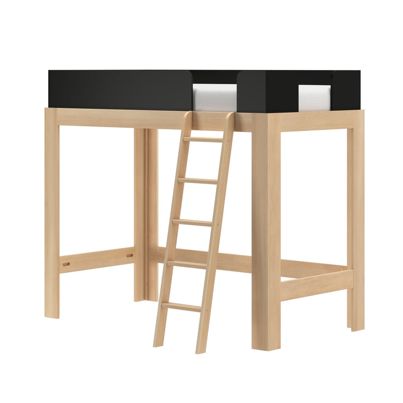 Natural wood loft bed with ladder and black safety guardrails, space-saving raised single bed frame for kids and teens