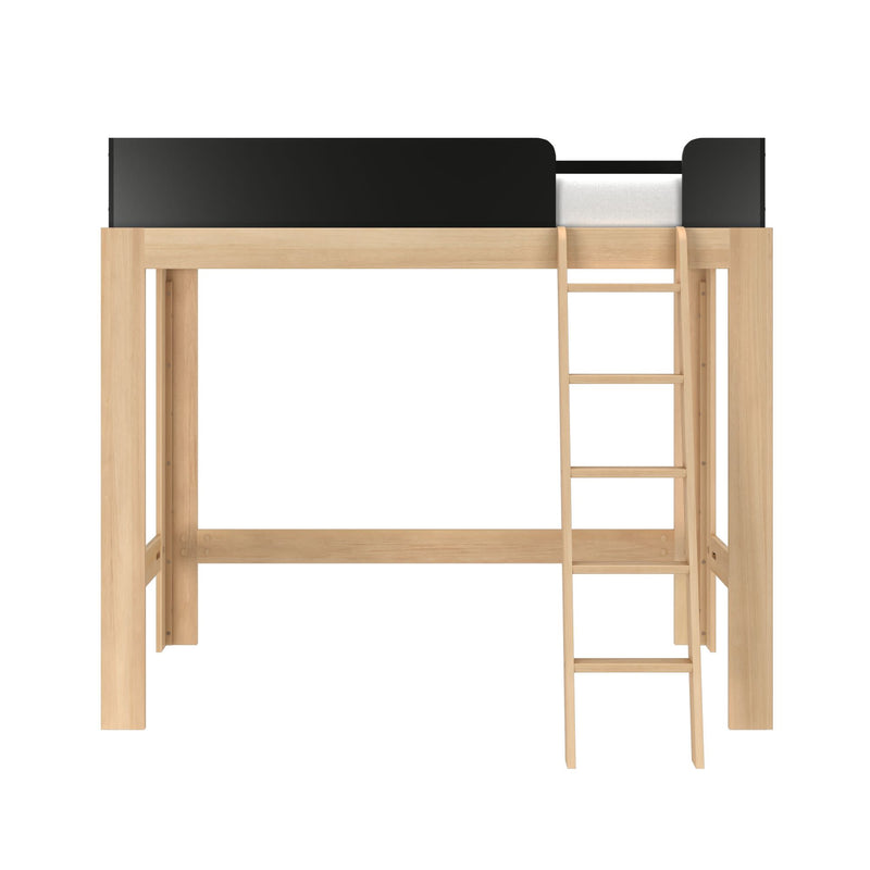 Modern natural wood loft bed with ladder and black guardrail, space-saving high bed frame for small bedrooms