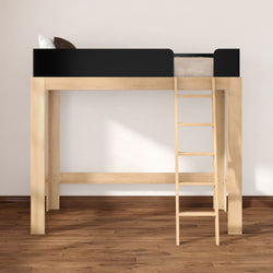 Natural wood loft bed with ladder and black guardrail — space-saving modern twin loft bed for small bedrooms and studio apartments