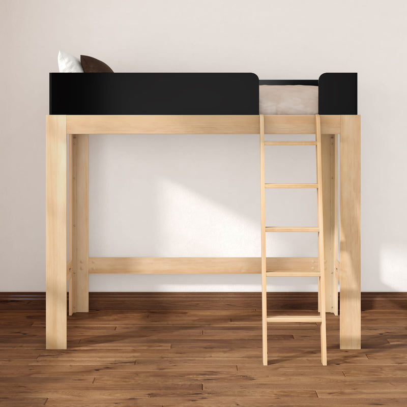 Natural wood loft bed with ladder and black guardrail — space-saving modern twin loft bed for small bedrooms and studio apartments