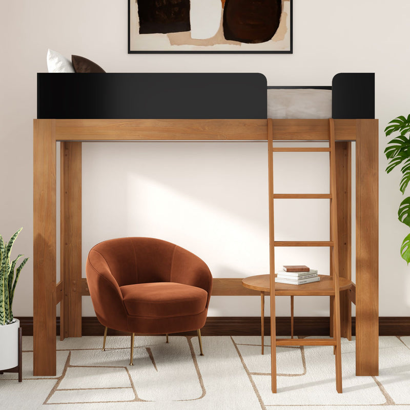 Wooden loft bed with ladder above a cozy reading nook featuring a brown velvet accent chair, round side table, indoor plants and neutral modern decor