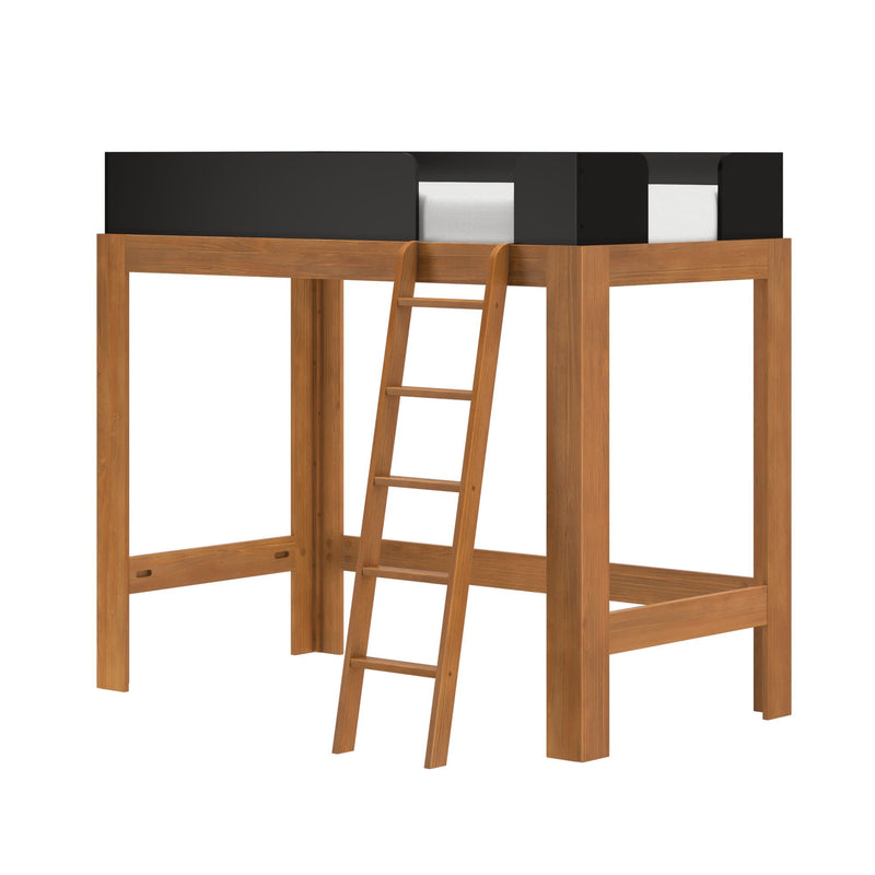 Wooden loft bed with angled ladder and black safety rails — natural finish elevated bed frame with open space underneath for storage or desk