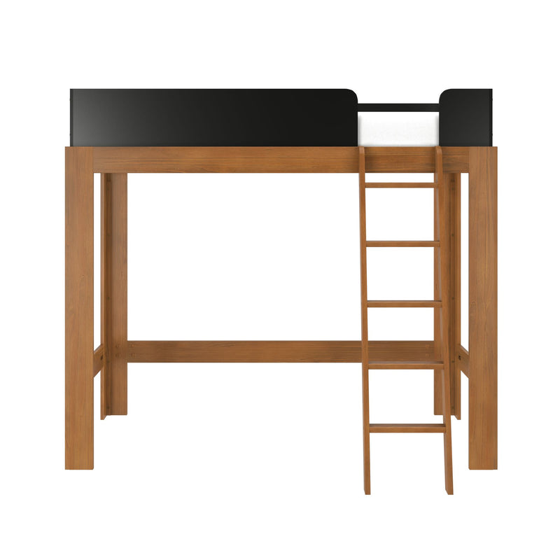 Minimalist natural wood loft bed frame with ladder and black safety rail, space-saving elevated bed with white mattress