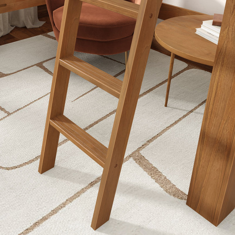 Mid-century wooden ladder over beige geometric area rug beside rust velvet accent chair and round oak side table with books