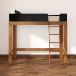 Natural wood loft bed with ladder and black safety rail — space-saving modern bedroom furniture