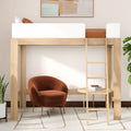 Modern wooden loft bed with ladder above a cozy rust velvet accent chair and round side table, creating a minimalist small-space reading nook with plants