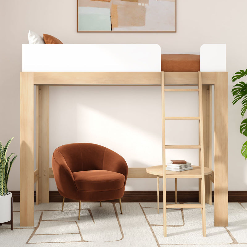 Modern wooden loft bed with ladder above a cozy rust velvet accent chair and round side table, creating a minimalist small-space reading nook with plants