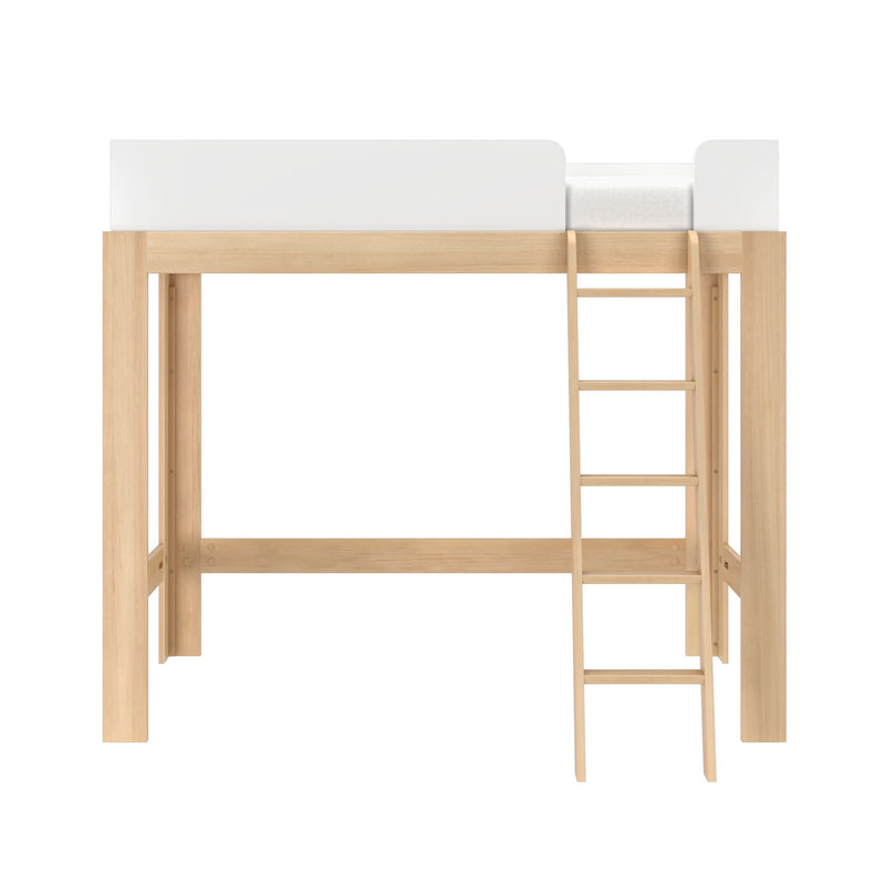 Modern minimalist natural wood loft bed with ladder and white guardrail, space-saving bedroom furniture
