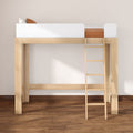 Minimalist natural wood loft bed with ladder and white guardrail, tan mattress and pillows on hardwood floor