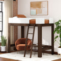 Walnut wooden loft bed with ladder and white safety rails over cozy seating area, modern small-space bedroom with rust-orange armchair, potted plants and abstract wall art