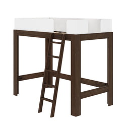 Dark walnut wood loft bed with angled ladder and white safety rails — modern space-saving elevated bed frame for kids' bedroom or studio apartments