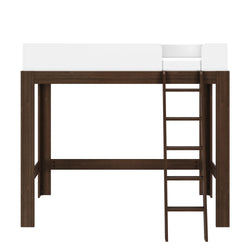 Dark walnut wooden twin loft bed with white guardrail, angled ladder and mattress — space-saving kids' loft bed for small bedrooms