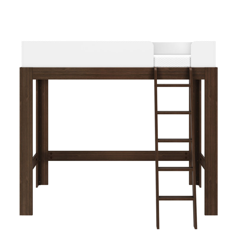 Dark walnut wooden twin loft bed with white guardrail, angled ladder and mattress — space-saving kids' loft bed for small bedrooms