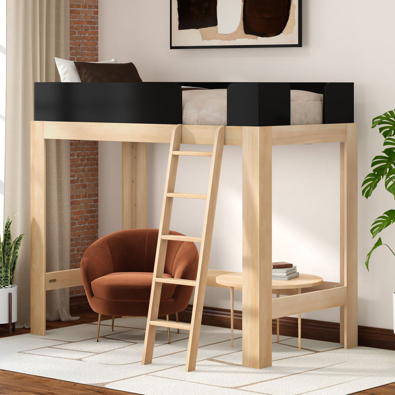 Space-saving natural wood loft bed with ladder and black safety rails, styled with a rust velvet chair and round side table in a modern bedroom