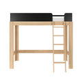 Wooden loft bed frame with ladder and black safety rail, natural finish twin loft bed for small bedrooms and studio apartments, modern minimalist design