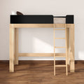 Natural wood loft bed with ladder and black safety rail over hardwood floor in minimalist bedroom — space-saving bunk bed design