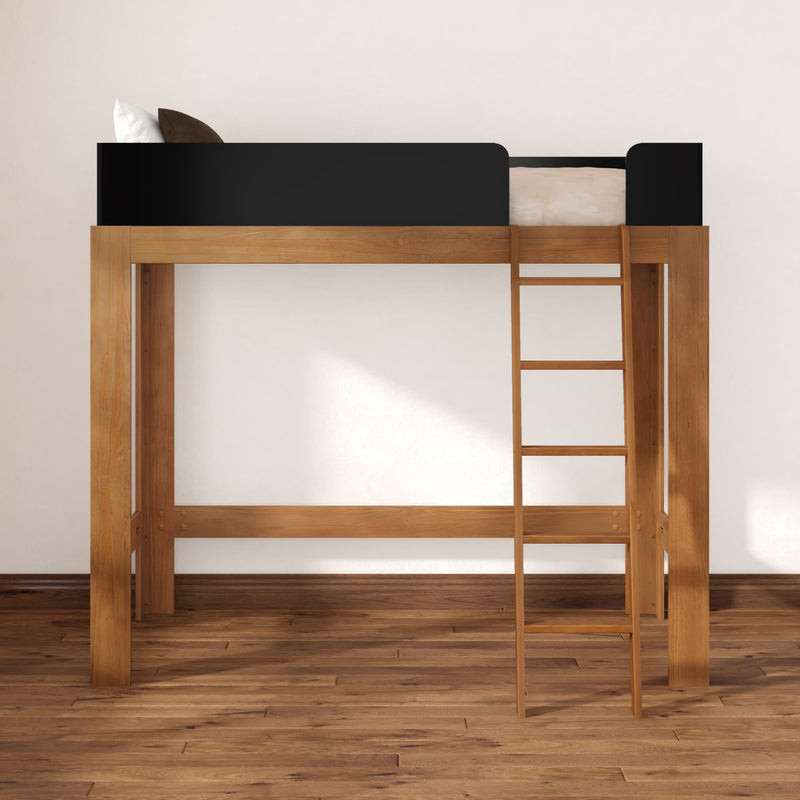 Natural wood loft bed with ladder and black guardrail, space-saving solid wood frame in a modern minimalist bedroom with hardwood floor